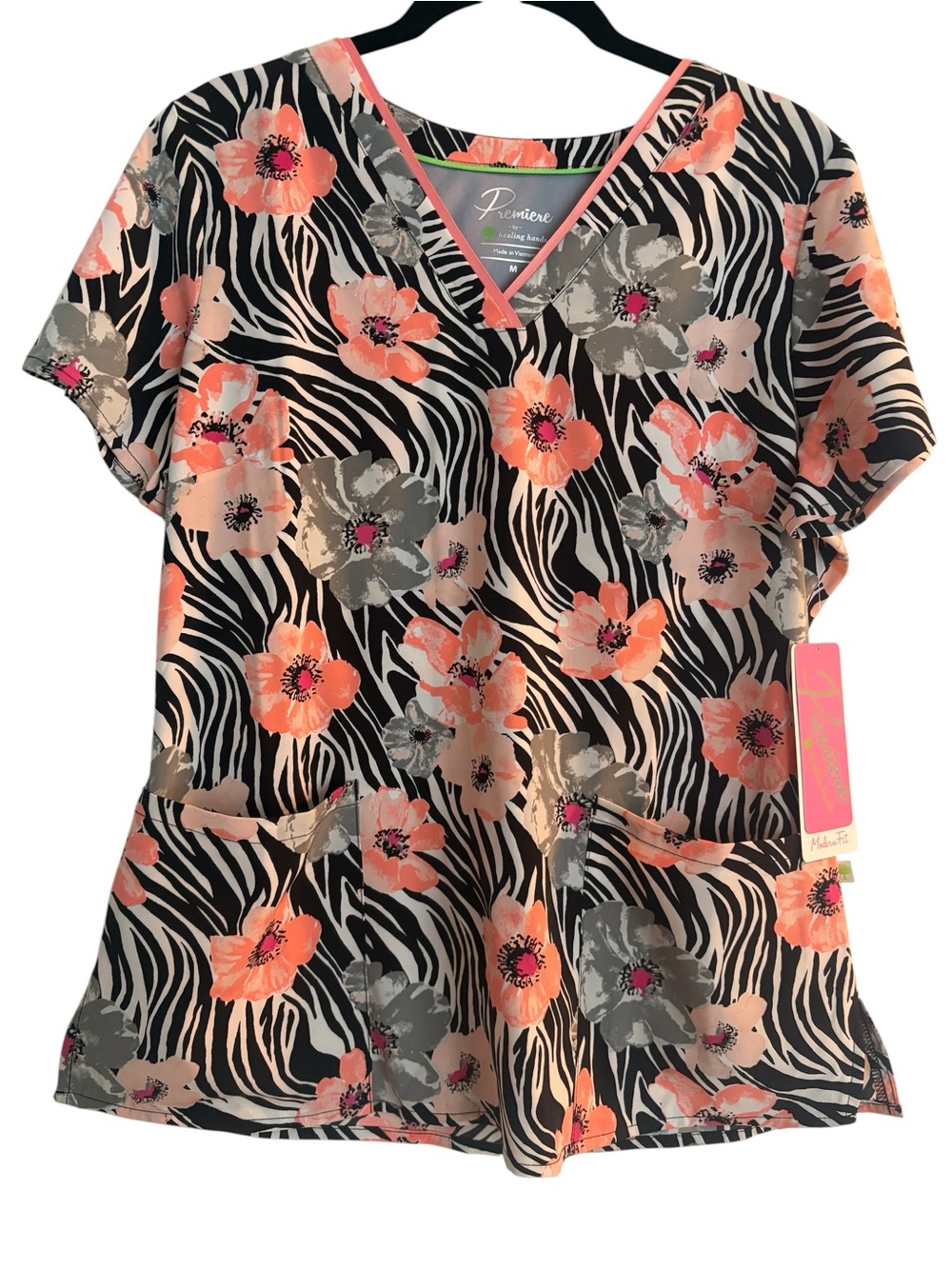 Premier Coral & Gray Floral Zebra V-Neck Tunic